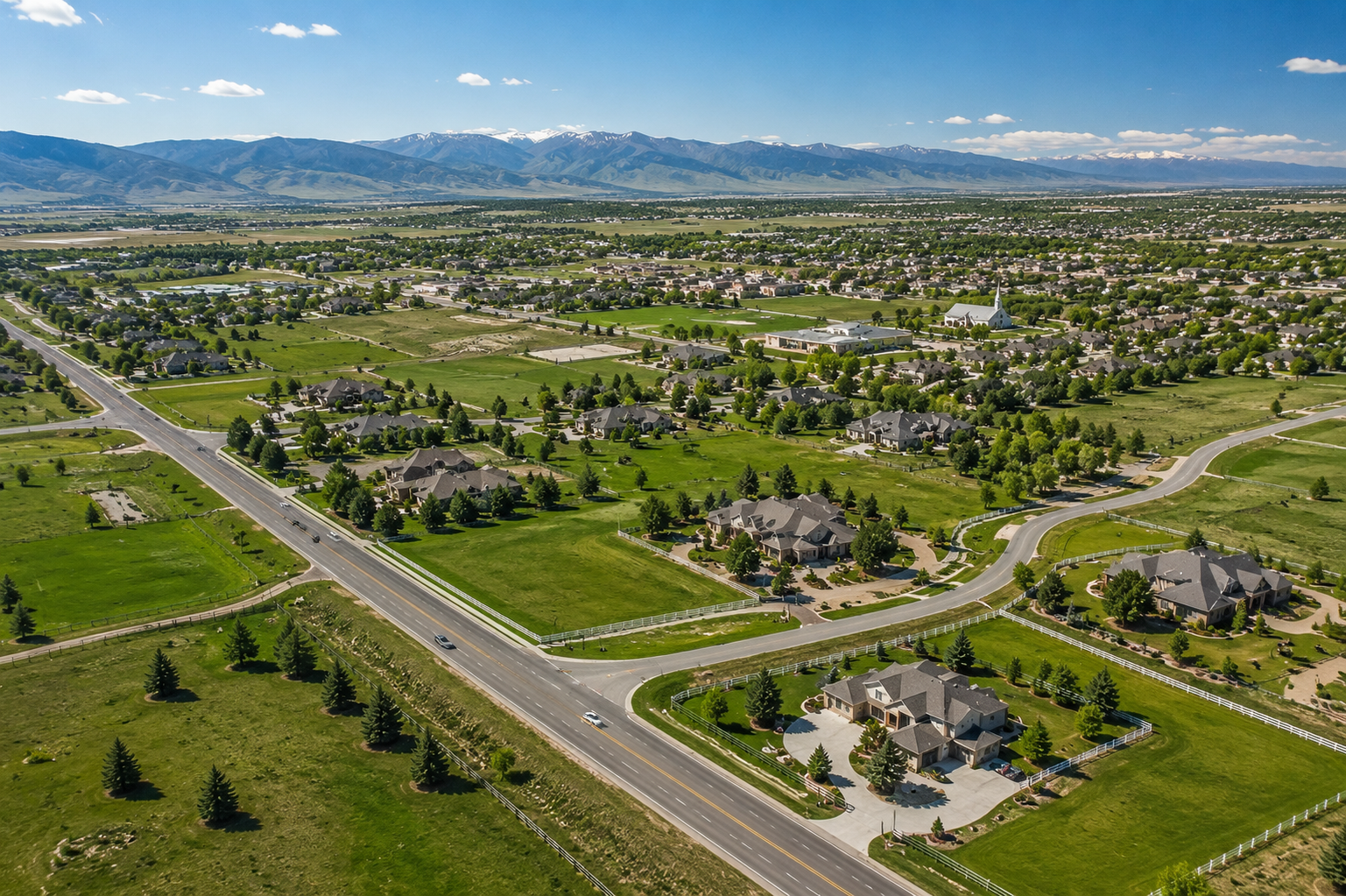 Suburban countryside with rolling fields and mountains