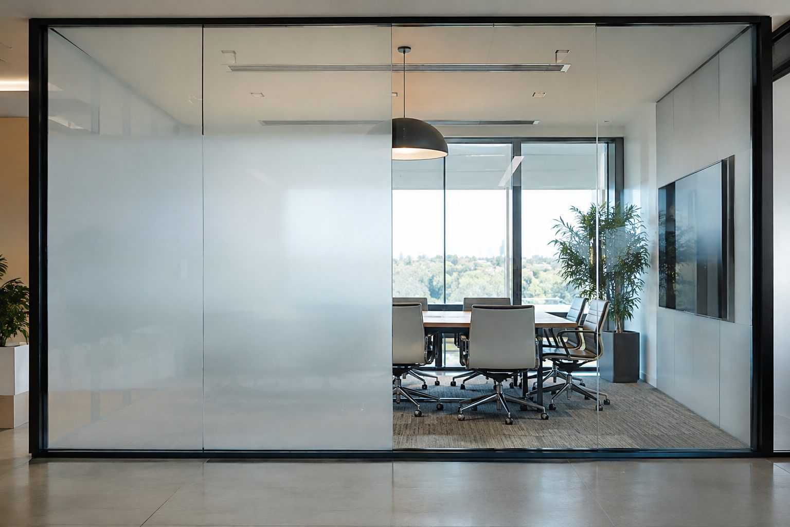 Glass meeting room wall with switchable smart film, half opaque and half clear