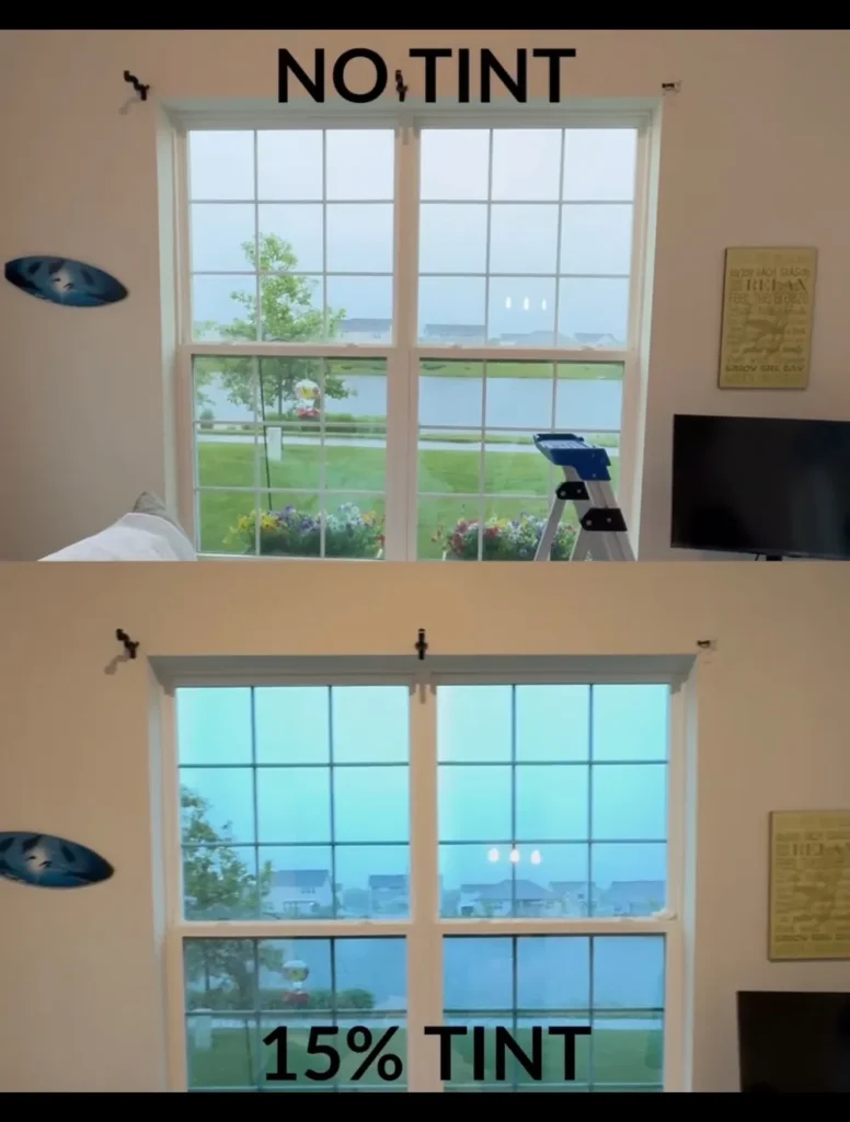 Before and after comparison of a window with no tint and with 15% tint, solar control window film in Cedar Lake, IN