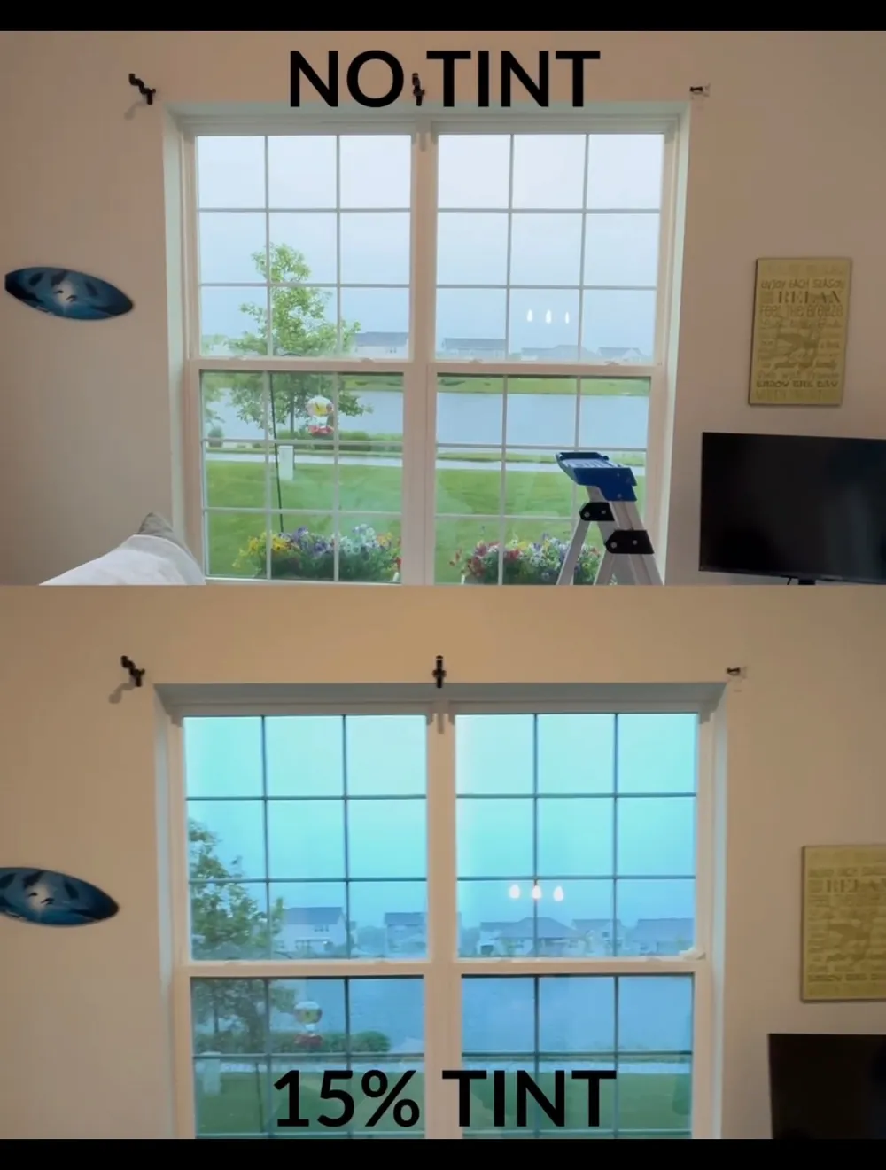 Before and after comparison of a window with no tint and with 15% tint, solar control window film in Cedar Lake, IN